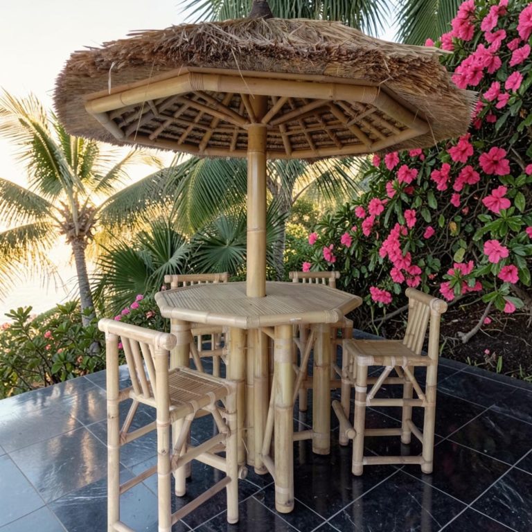 Mange-debout en bambou avec parasol en chaume Mange-debout en bambou avec parasol en chaume intégré, idéal pour les repas en extérieur.